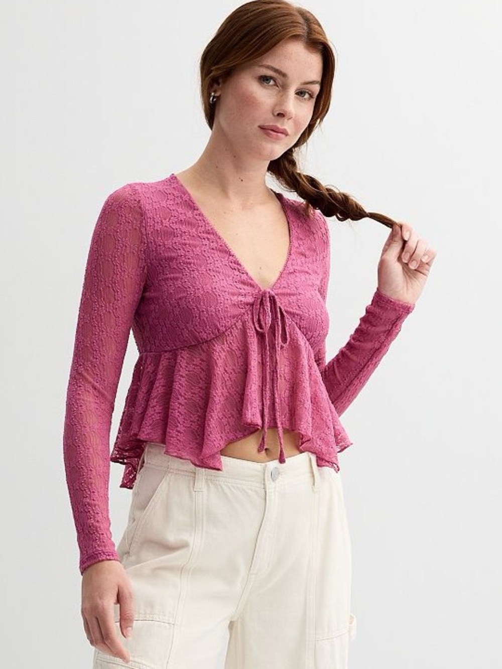 Lace, romantic blush pink longsleeve top with handkerchief hem, junior's XL
